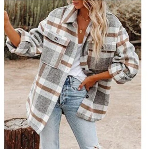 PLAID BLANKET COAT - SMALL OVERSIZED SHACKET - JACKET CHECKERED GREY WOOL - Picture 4 of 4